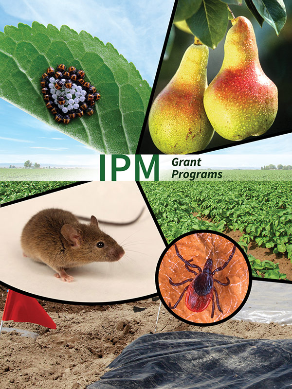Collage of images including row crops, stink bugs, tree fruit, rodents, and ticks