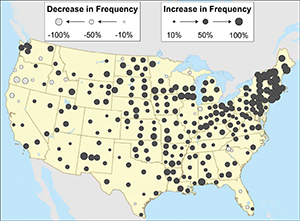 Map showing locations of extreme storms in the United States