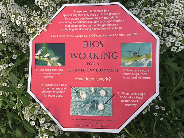 Signs inform greenshouse customers about the biocontrol process.